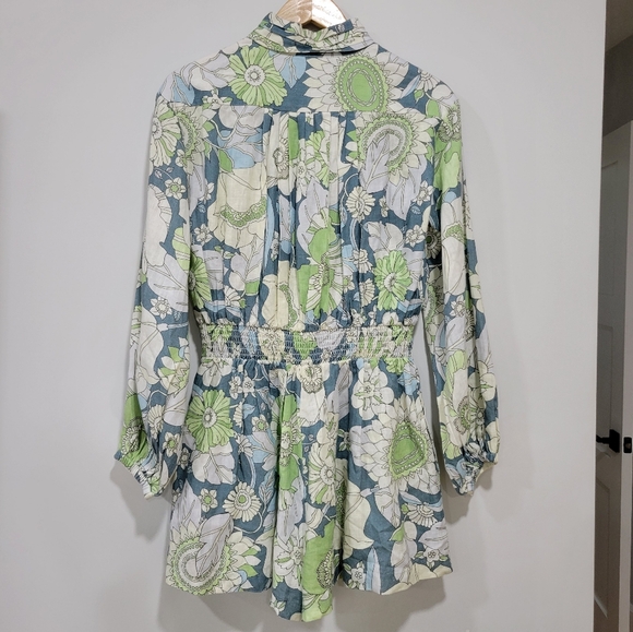 Guess 100% Linen All Over Floral Long Puffed Sleeves Shorts Romper Size S Summer - Picture 2 of 12